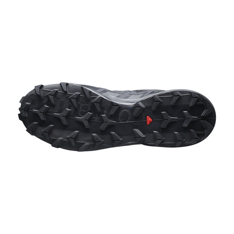Close-up of a black shoe sole with tread pattern on a white background