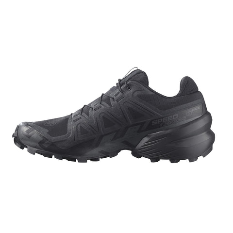 Black running shoe with brand logo on a white background