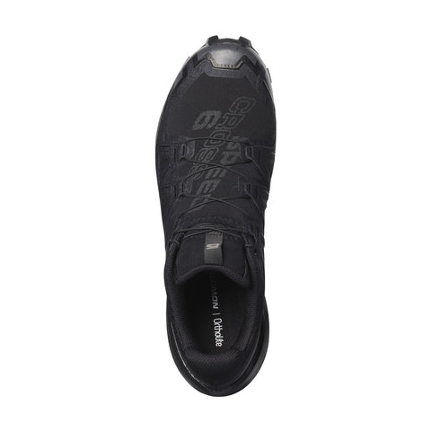 Black athletic shoe with brand logo on a white background