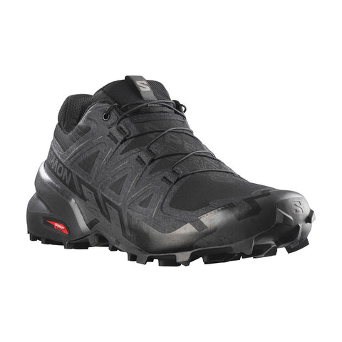 Black running shoe with visible brand logo on a white background