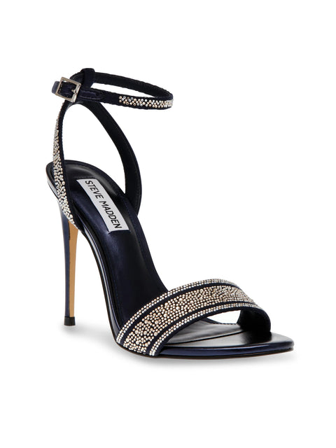 Black high-heeled sandal with crystal embellishments on a white background
