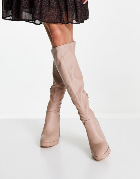 Schuh Women's Beige Della Platform Knee Stretch Boots | Schuh In Lebanon