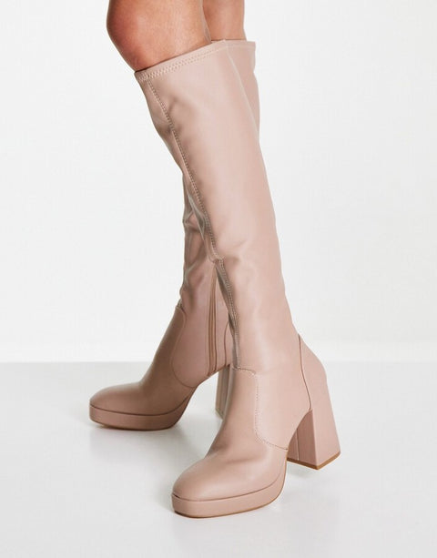 Schuh Women's Beige Della Platform Knee Stretch Boots | Schuh In Lebanon