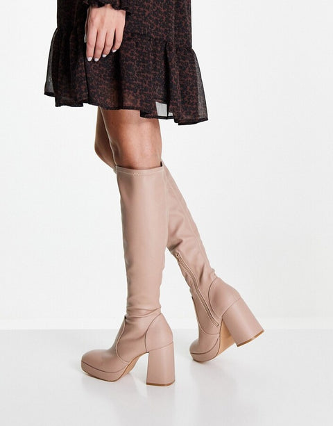 Schuh Women's Beige Della Platform Knee Stretch Boots | Schuh In Lebanon