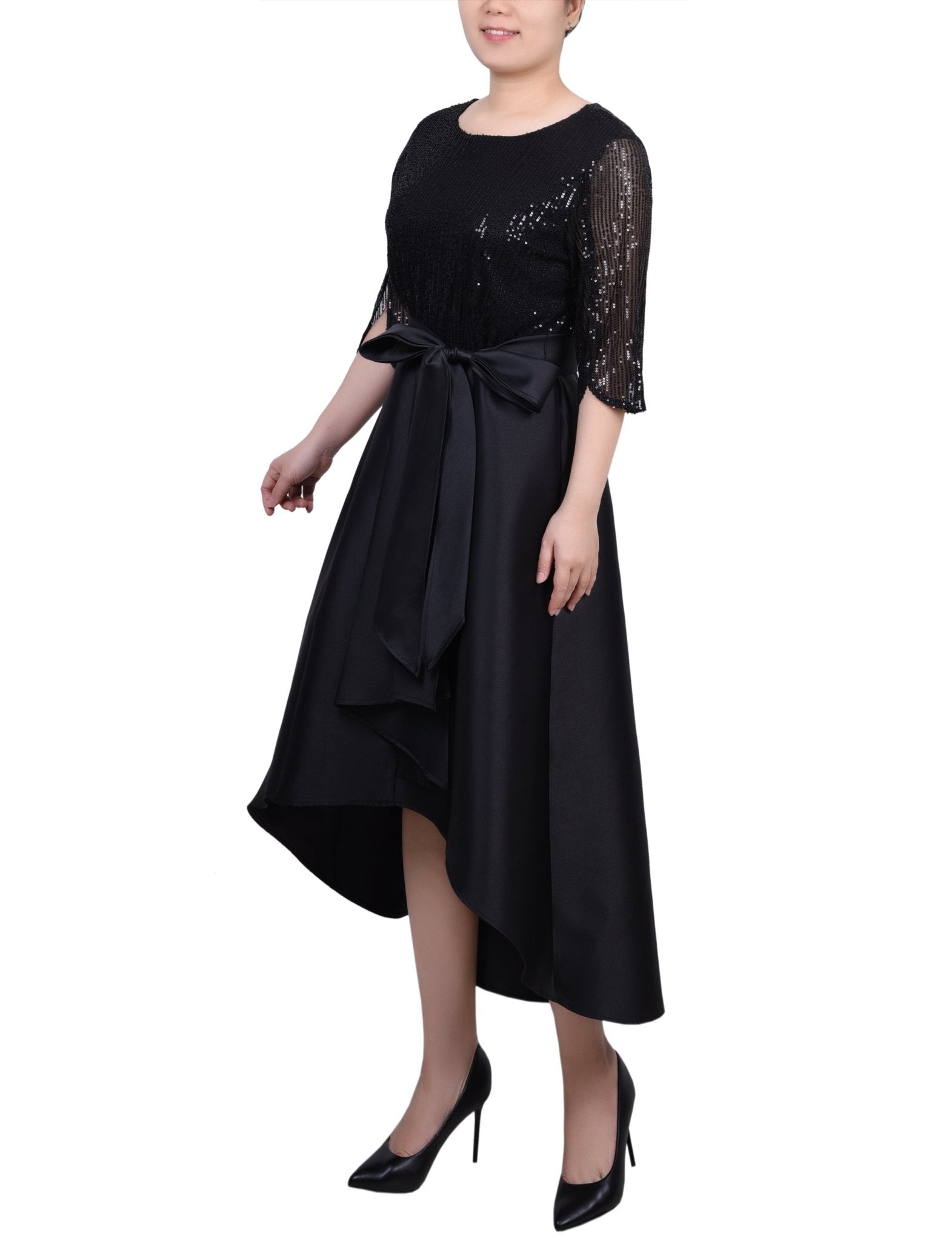NY Collection Women's Black Sequin and Jacquard Hi-Low Holiday Dress  | NY Collection  in Lebanon