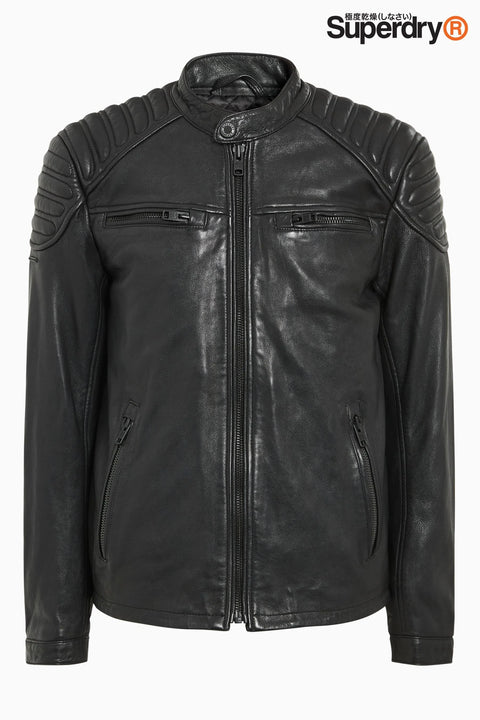 Superdry Men's Black Real Leather Quilted Biker Jacket|Superdry In Lebanon