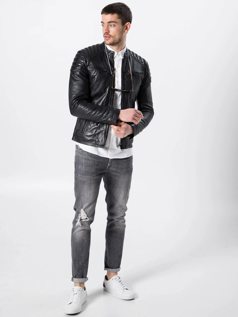 Superdry Men's Black Real Leather Quilted Biker Jacket|Superdry In Lebanon