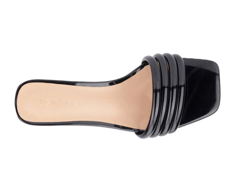 Black sandal with a beige insole on a white background