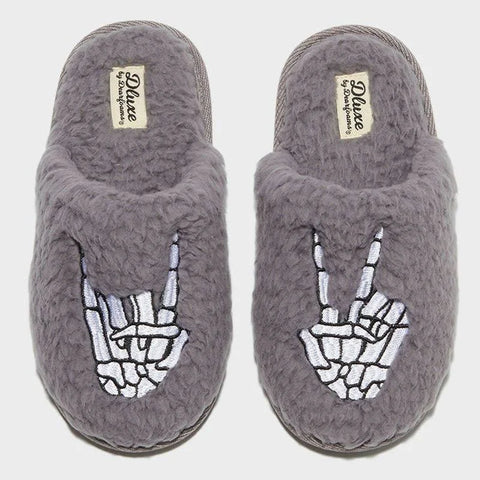 Dluxe By Dearfoams Women's Grey Skeleton Peace Sign Slide Slippers |Dluxe By Dearfoams In Lebanon