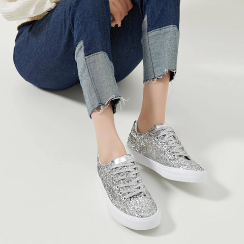 Jeekopeg Unisex Silver Glitter Sparkly Fashion Sneakers | Jeekopeg In Lebanon