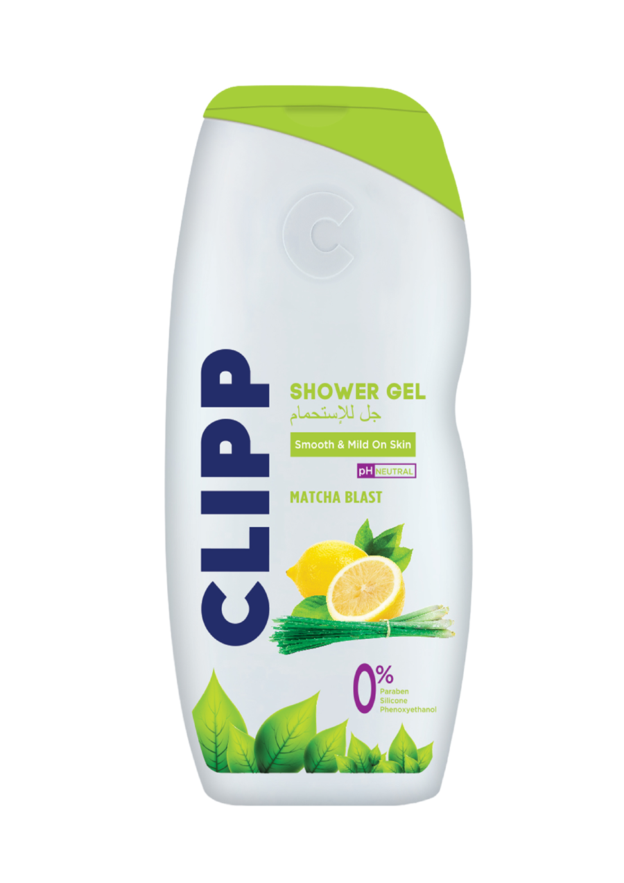 Clipp shower gel bottle with lemon and leaf design on a white background