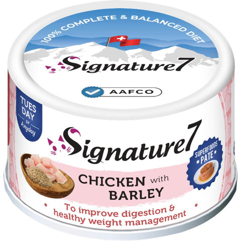 Can of Signature 7 chicken with barley pet food on a white background