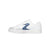 A white leather low-top sneaker with a contrasting blue chevron accent on the side, set against a plain white background.