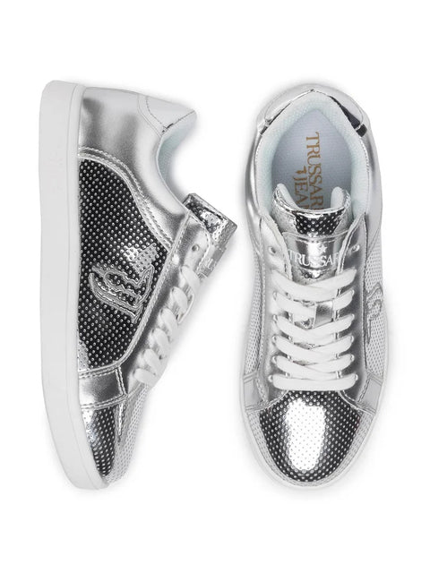 Trussardi Jeans Women's Silver Logo Ecoleather Sneakers |Trussardi Jeans In Lebanon