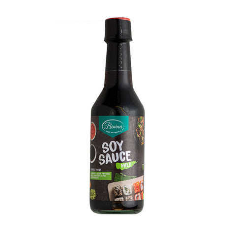 Bottle of Benina soy sauce on a white background