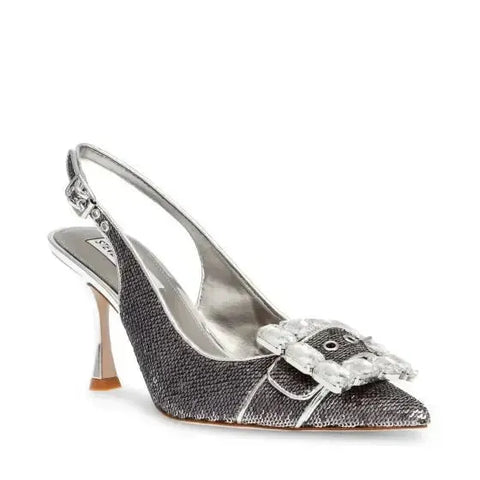 Silver high-heeled shoe with crystal embellishments on a white background