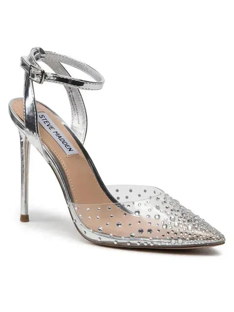 Silver high-heeled shoe with clear crystal embellishments on a white background