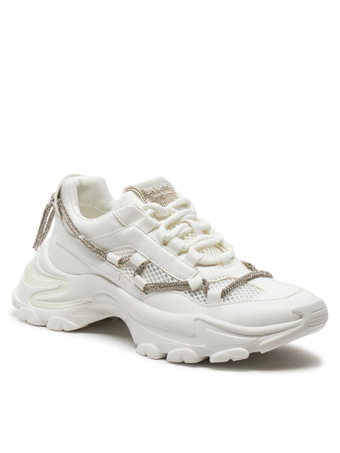 White sneaker with metallic accents on a white background