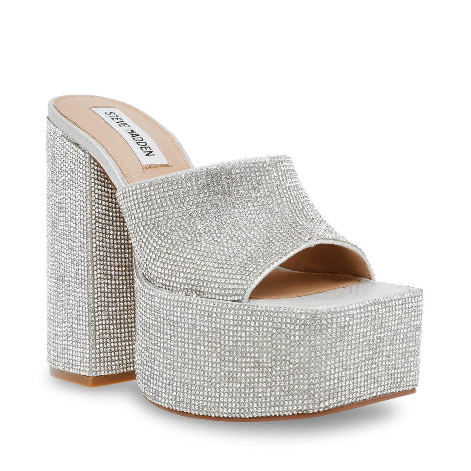 Silver platform sandal with rhinestone embellishments on a white background