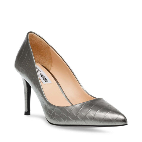 Silver high-heeled shoe with 'Steve Madden' label on a white background