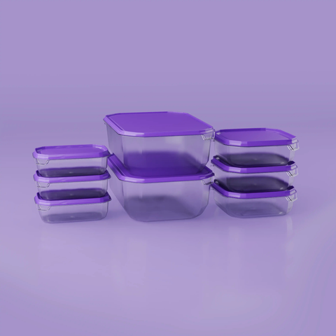 Set of clear food storage containers with purple lids on a purple background