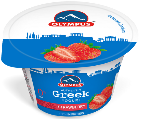 Olympus strawberry Greek yogurt container on a white background