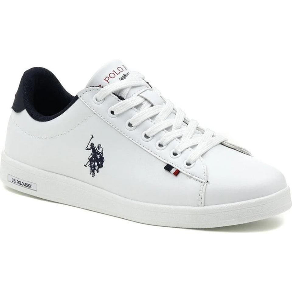 A white leather low-top sneaker by Polo Ralph Lauren, featuring a navy blue embroidered polo player logo on the side, a navy blue collar lining, and white laces.