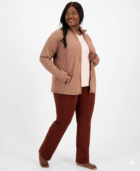 ID Ideology Women's Brown Plus Size Zip-Front Long Sleeve Jacket | ID Ideology In Lebanon