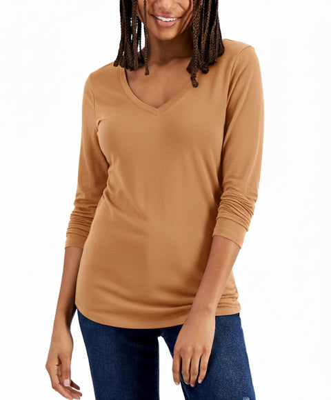 Aveto Women's Camel V-Neck Long-Sleeved Top Blouse | Aveto In Lebanon
