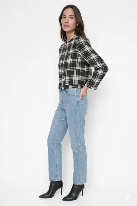 DKNY Jeans Women's Black & White Frayed Cropped Long-Sleeve Blazer | DKNY Jeans In Lebanon