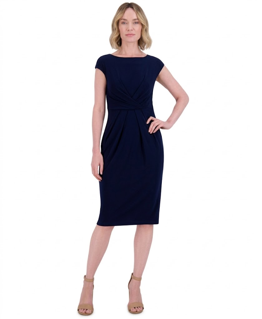 Jessica Howard Women's Navy Petite Pleat-Front Cap-Sleeve Dress | Jessica Howard In Lebanon