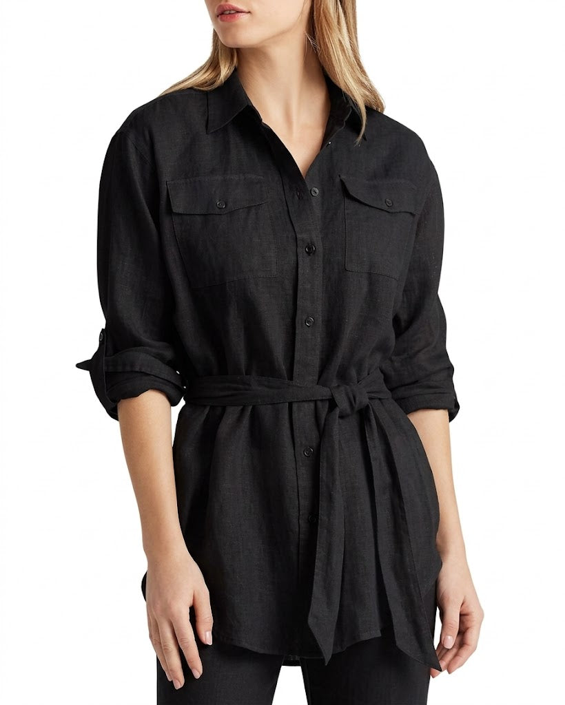 Lauren Ralph Lauren Women's Black Tie-Waist Button-Down Polo Shirt | Lauren Ralph Lauren In Lebanon