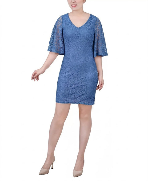 NY Collection Women's Blue Wide Elbow Sleeve Lace Dress | NY Collection In Lebanon