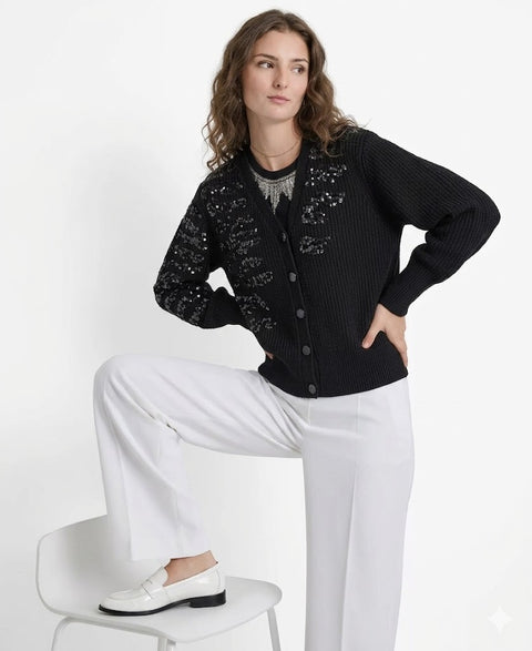 DKNY Women's Black Animal-Sequin Rib-Knit Button-Up Cardigan | DKNY In Lebanon