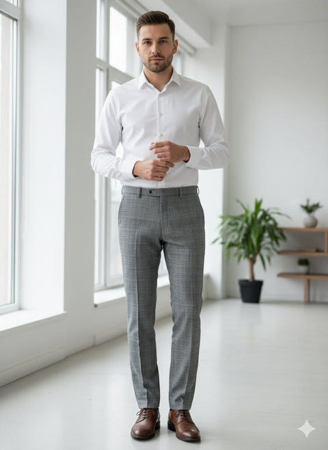 Manguun Men's Grey Slim Fit Plaid Trouser | Manguun In Lebanon