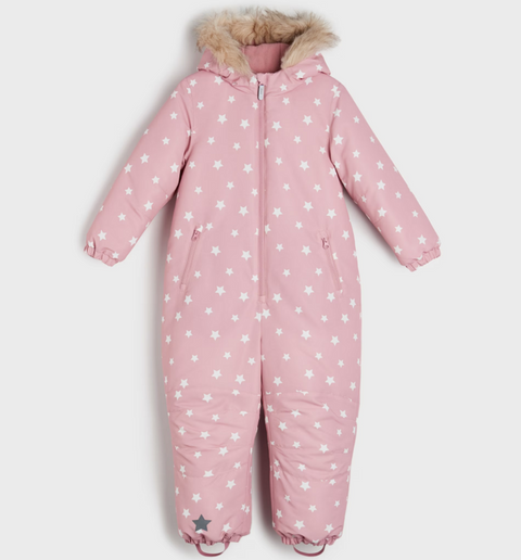 Pink snowsuit with star pattern and fur hood on a white background