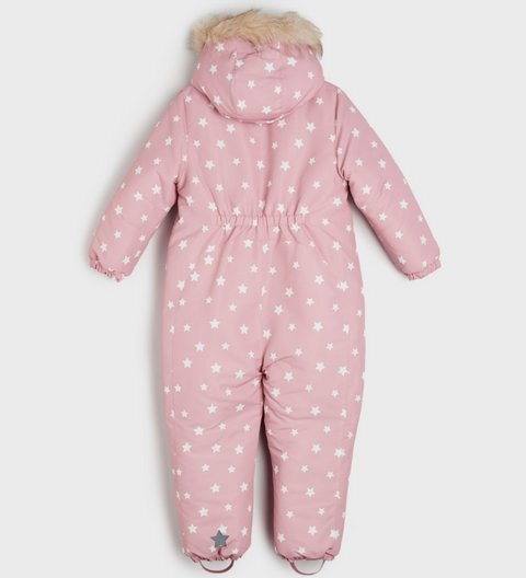 Pink snowsuit with star pattern and fur hood on a white background