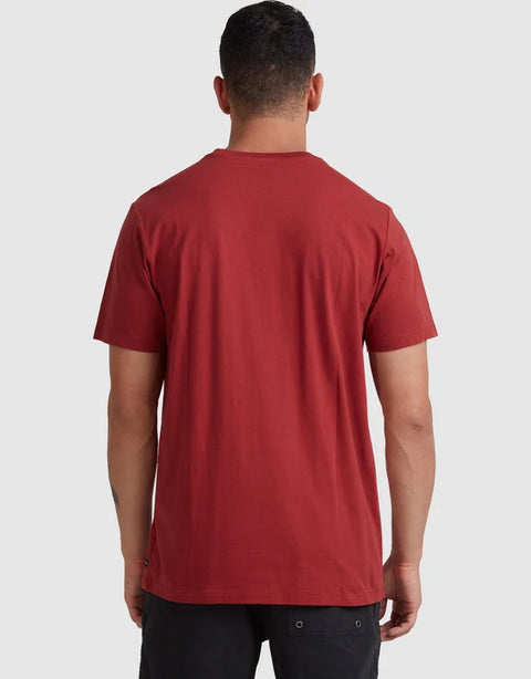 Person wearing a red t-shirt on a white background