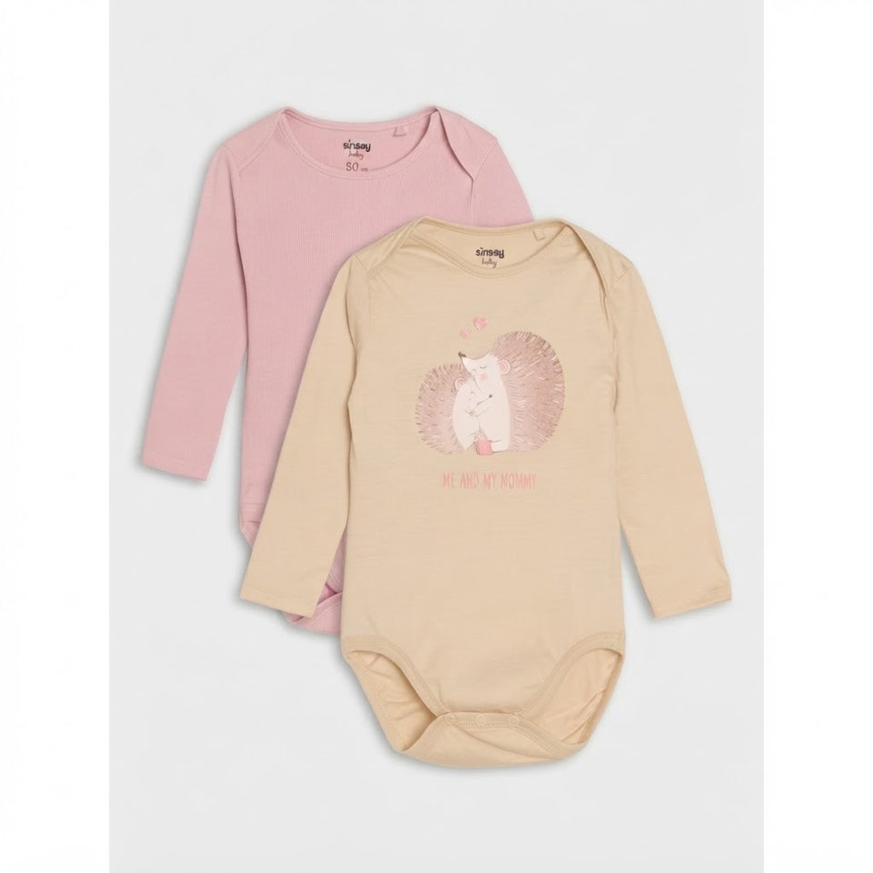 Sinsay Girl's Beige & Dusty Rose Lomg Sleeve Printed Bodysuit