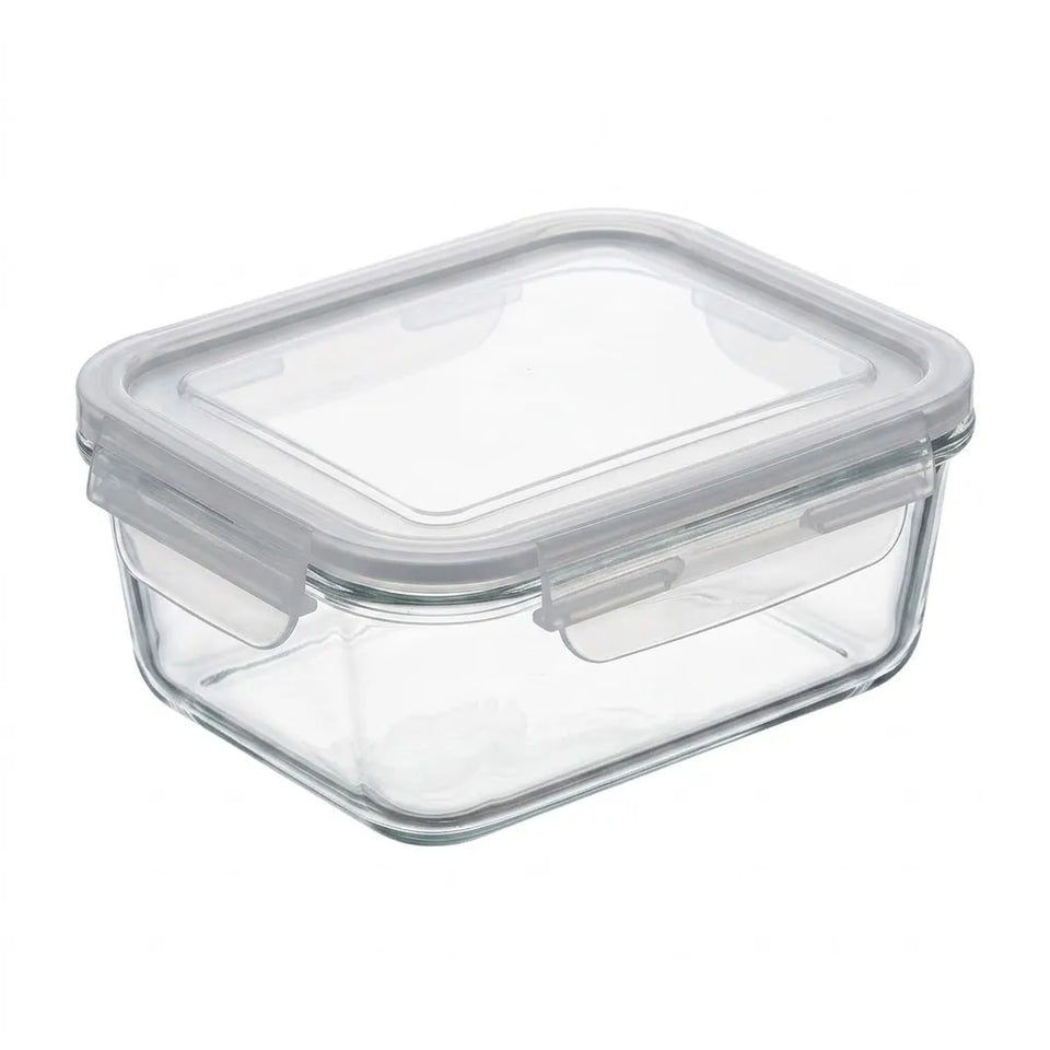 A rectangular clear glass storage container with a matching clear plastic lid and gray locking clips, shown on a plain white background.