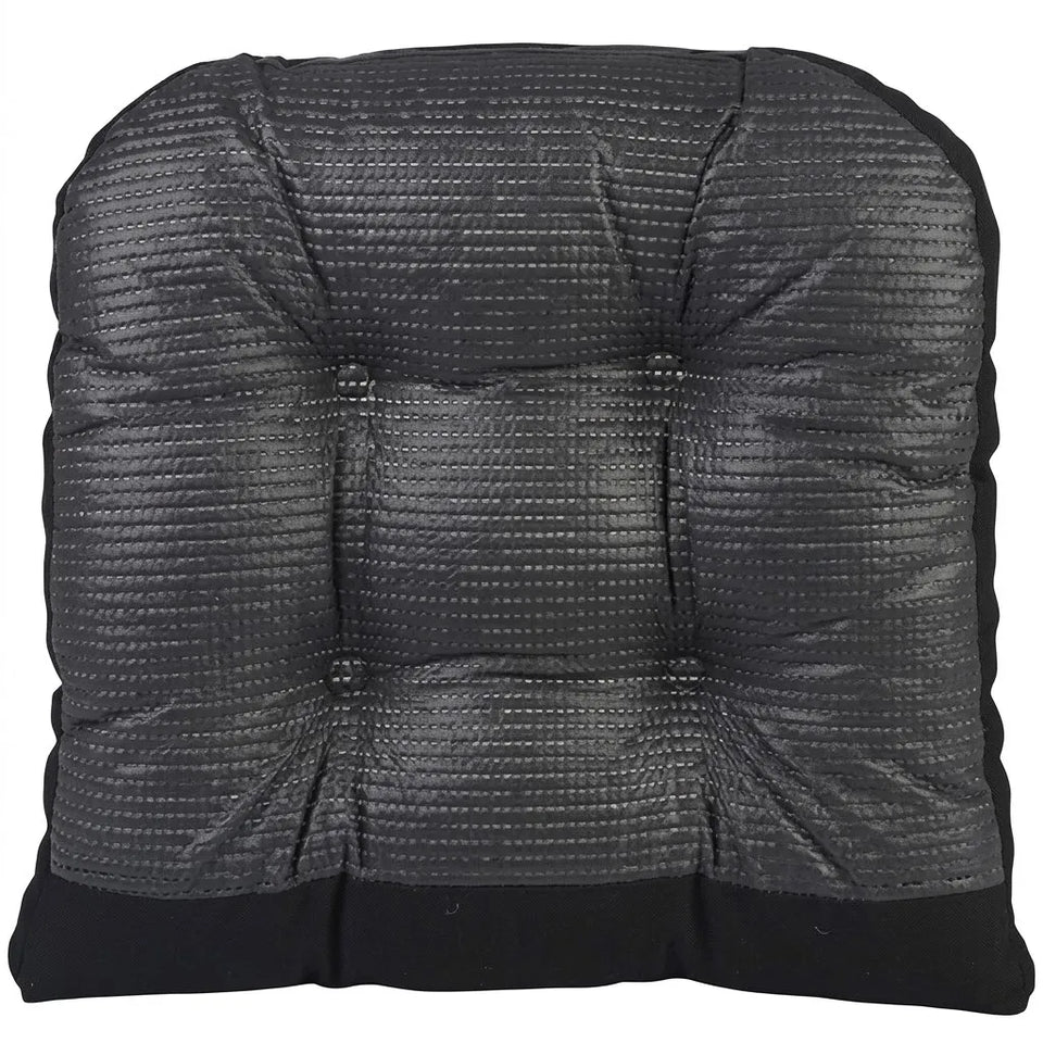 A black tufted seat cushion with a textured, dotted pattern on the padded top section and a solid black fabric base, shown against a plain white background.
