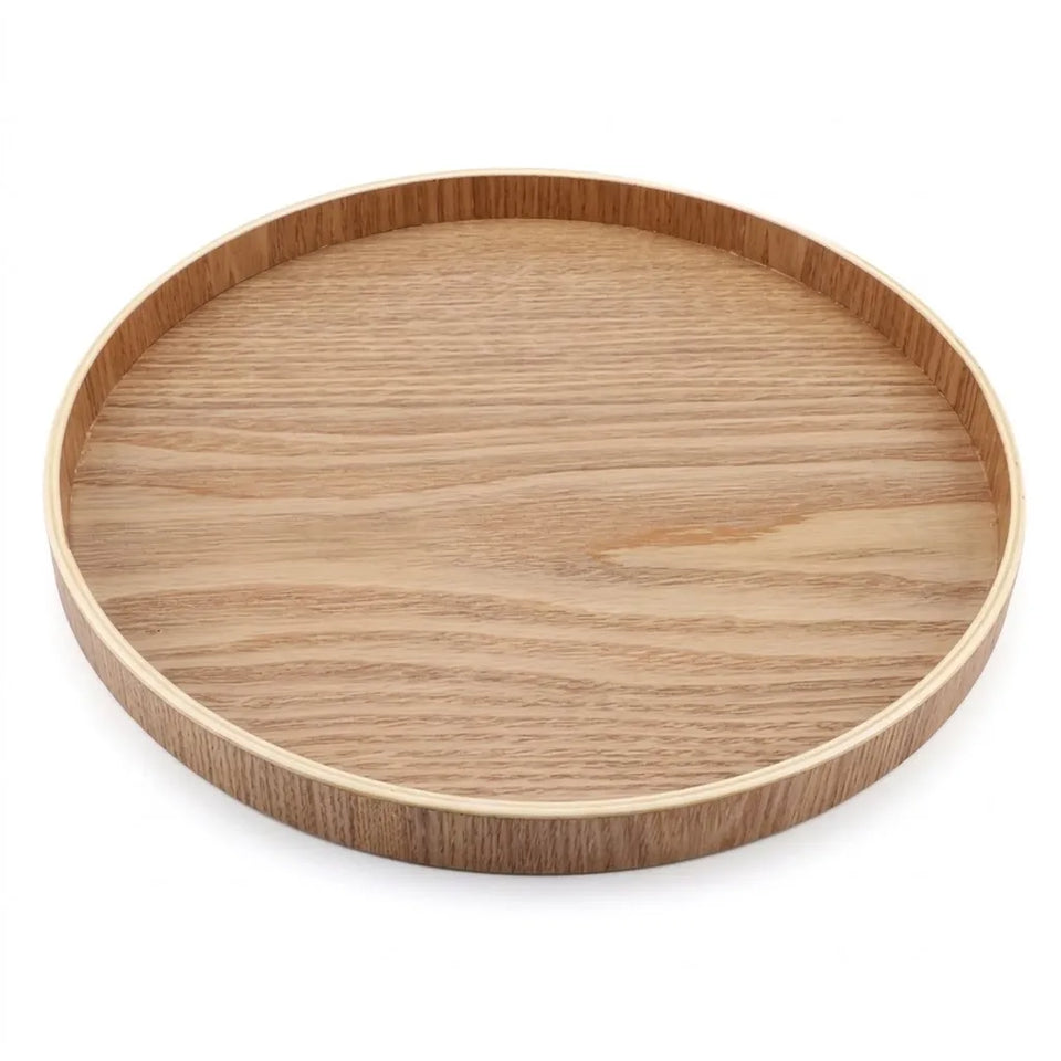 A round wooden serving tray with a natural oak wood grain finish, shown from a top-down perspective on a white background.