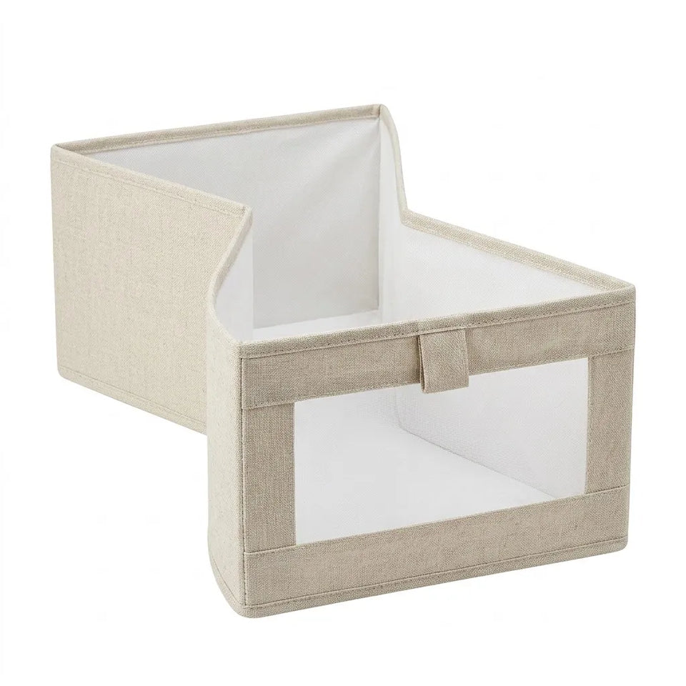 A light beige linen fabric storage organizer box with a clear window on the front and a white interior lining, shown on a solid white background.
