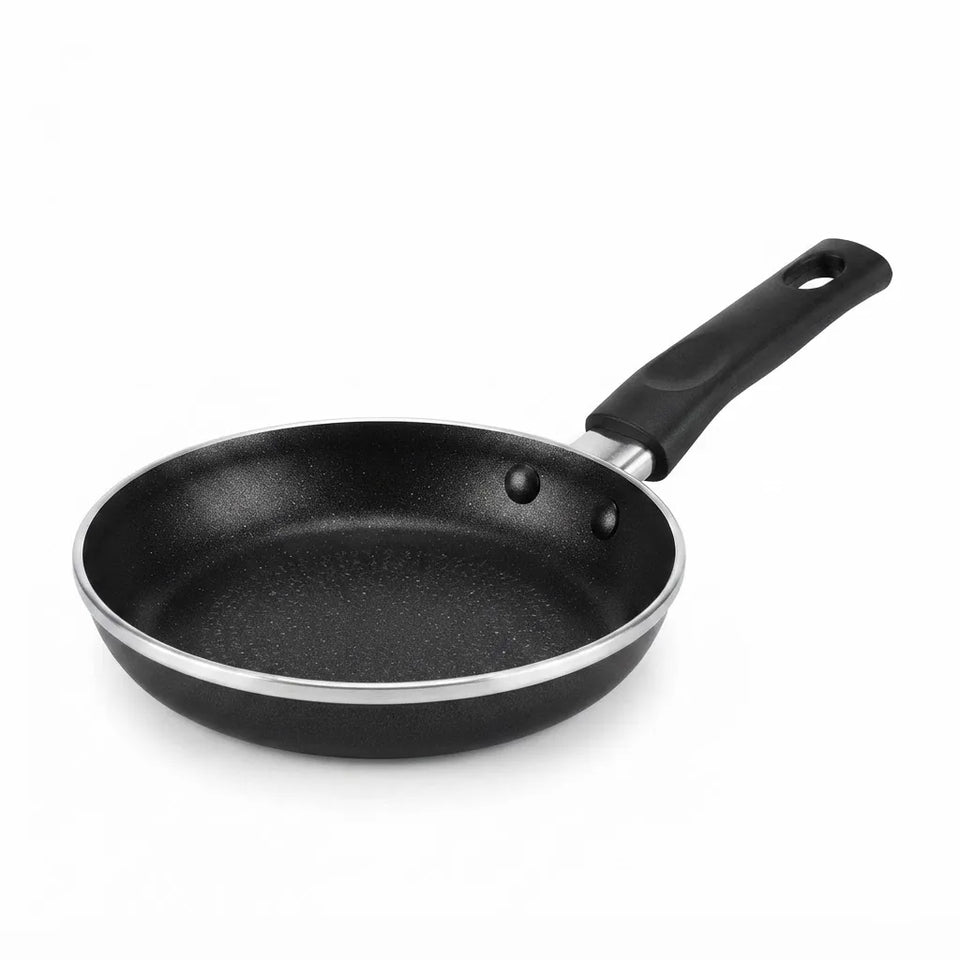 A black non-stick frying pan with a textured interior and a black handle, shown on a clean white background.