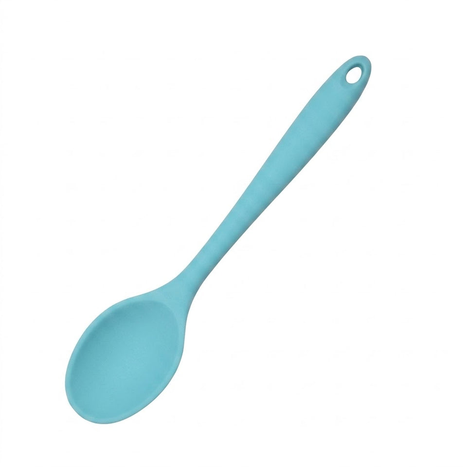 A light blue silicone spoon with a hanging hole in the handle, shown diagonally on a solid white background.