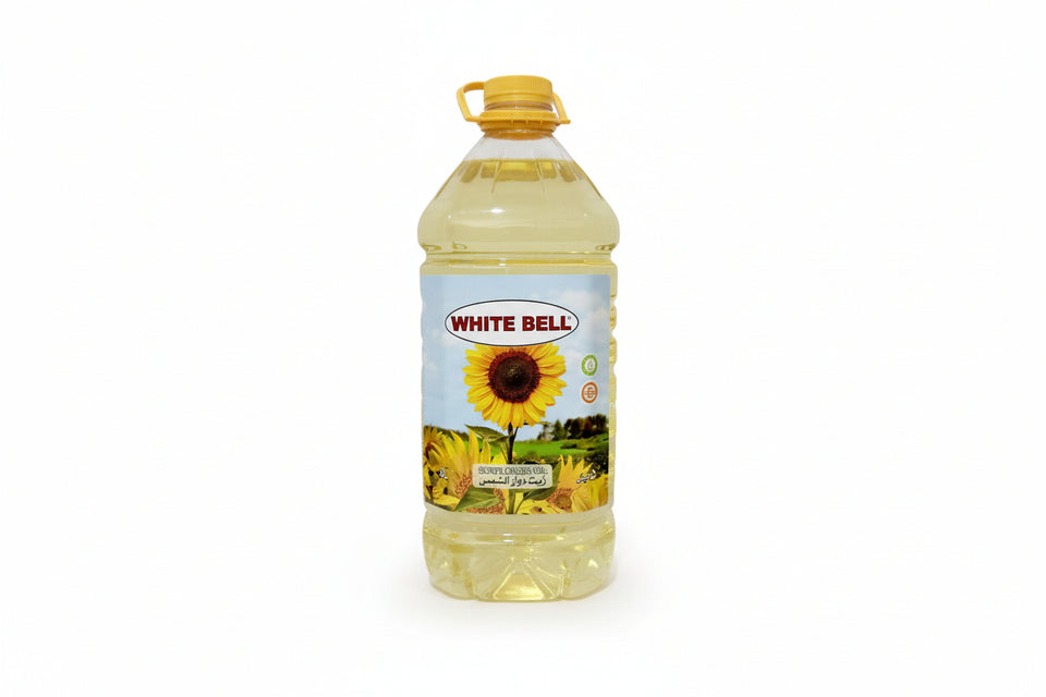 A 5-liter bottle of White Bell Sun Flower Oil with a label featuring a sunflower and text, primarily in a clear plastic bottle.