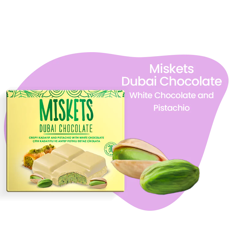 Miskets Dubai Chocolate White Chocolate Bar & Pistachio 100GR