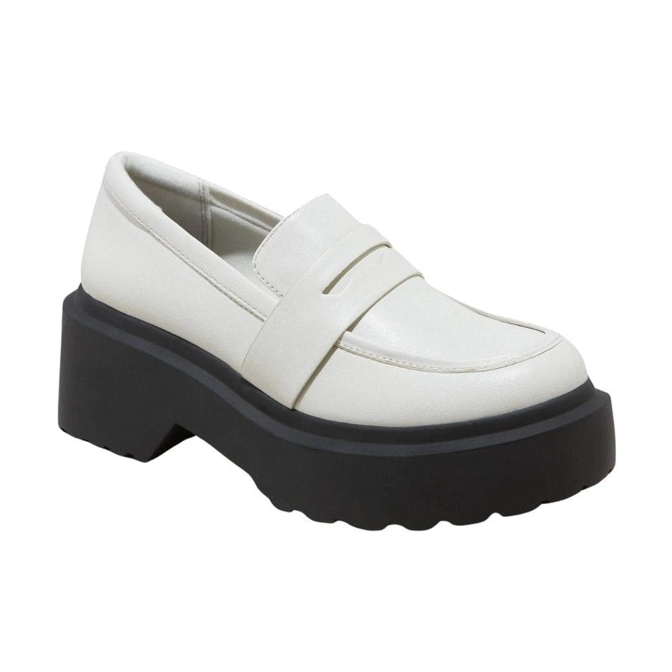 White loafer shoe with a thick black sole on a white background