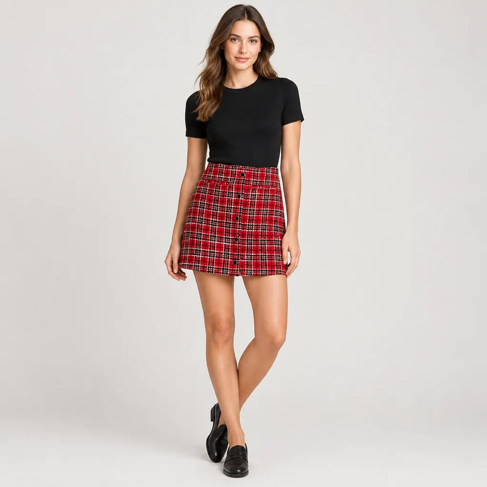 A woman modeling a black short-sleeve crewneck top and a red plaid mini skirt with black buttons, paired with black loafers, against a light gray studio background.