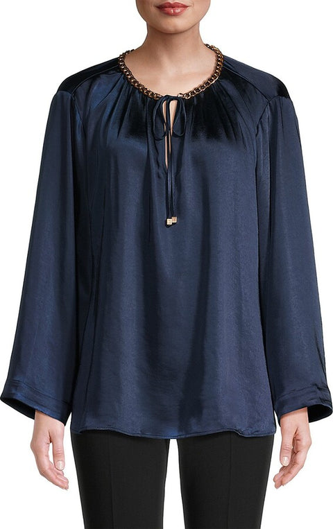 Michael Kors Women's Navy Chain-Embellished Satin Blouse | Michael Kors In Lebanon